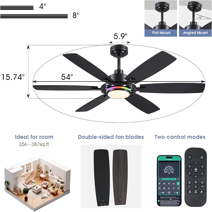 54" Black RGB Ceiling Fans with Lights and Remote/APP,Modern Ceiling Fans with Quiet Reversible DC Motor for Bedroom Kids
