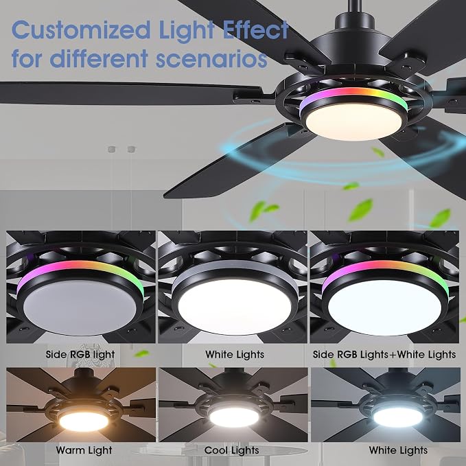 54" Black RGB Ceiling Fans with Lights and Remote/APP,Modern Ceiling Fans with Quiet Reversible DC Motor for Bedroom Kids