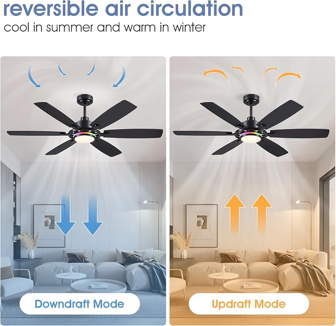 54" Black RGB Ceiling Fans with Lights and Remote/APP,Modern Ceiling Fans with Quiet Reversible DC Motor for Bedroom Kids