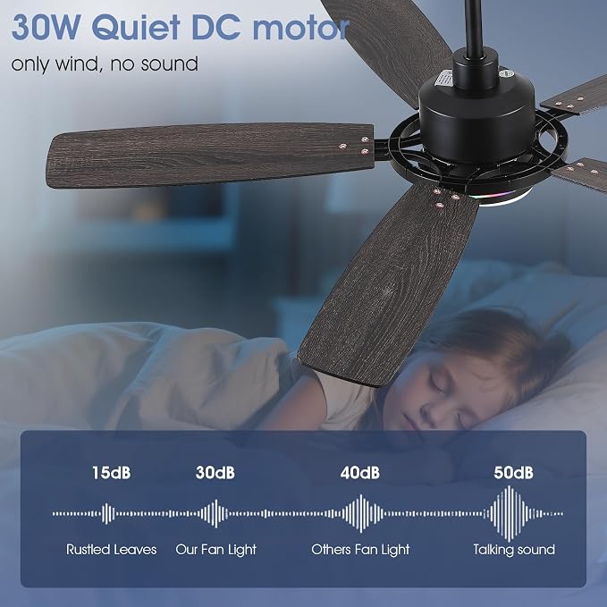 54" Black RGB Ceiling Fans with Lights and Remote/APP,Modern Ceiling Fans with Quiet Reversible DC Motor for Bedroom Kids