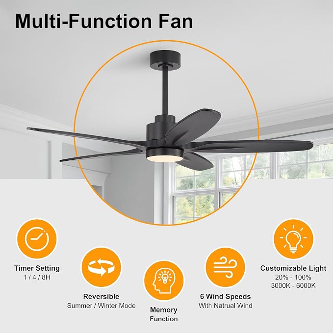 54" Ceiling Fan with Light - 5 Carved Solid Wood Blades, 6-Speed Reversible DC Motor, Dimmable, 3CCT, Noiseless Remote