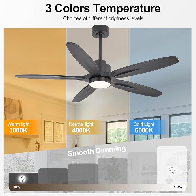 54" Ceiling Fan with Light - 5 Carved Solid Wood Blades, 6-Speed Reversible DC Motor, Dimmable, 3CCT, Noiseless Remote