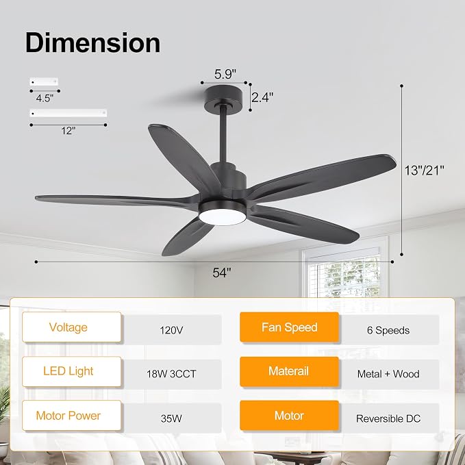 54" Ceiling Fan with Light - 5 Carved Solid Wood Blades, 6-Speed Reversible DC Motor, Dimmable, 3CCT, Noiseless Remote
