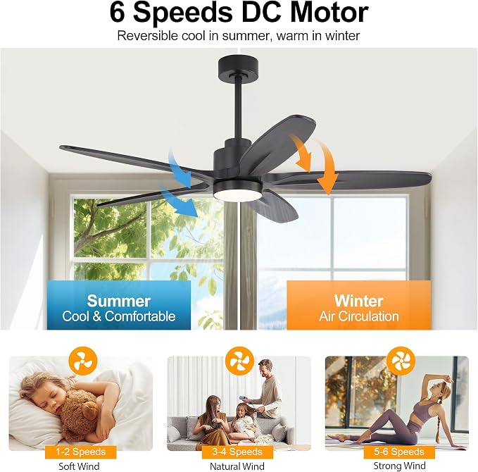 54" Ceiling Fan with Light - 5 Carved Solid Wood Blades, 6-Speed Reversible DC Motor, Dimmable, 3CCT, Noiseless Remote
