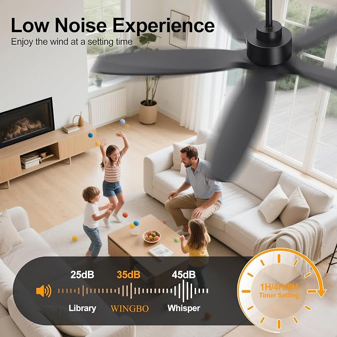 54" Ceiling Fan with Light - 5 Carved Solid Wood Blades, 6-Speed Reversible DC Motor, Dimmable, 3CCT, Noiseless Remote