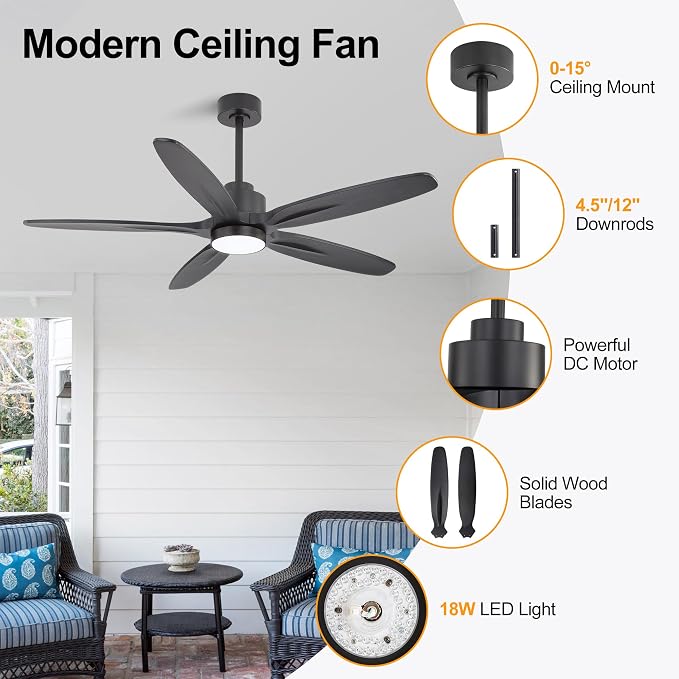 54" Ceiling Fan with Light - 5 Carved Solid Wood Blades, 6-Speed Reversible DC Motor, Dimmable, 3CCT, Noiseless Remote