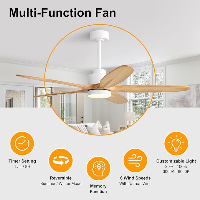 54" Ceiling Fan with Light - 5 Carved Solid Wood Blades, 6-Speed Reversible DC Motor, Dimmable, 3CCT, Noiseless Remote