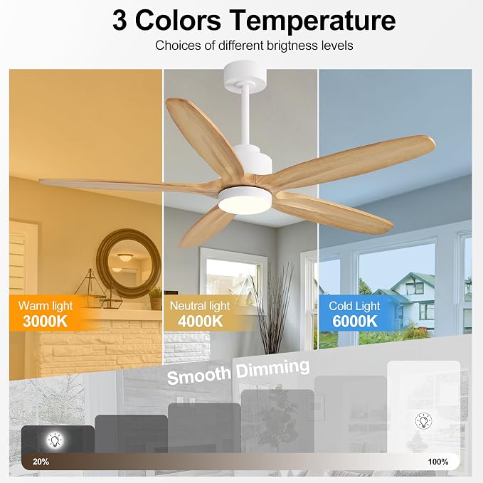 54" Ceiling Fan with Light - 5 Carved Solid Wood Blades, 6-Speed Reversible DC Motor, Dimmable, 3CCT, Noiseless Remote