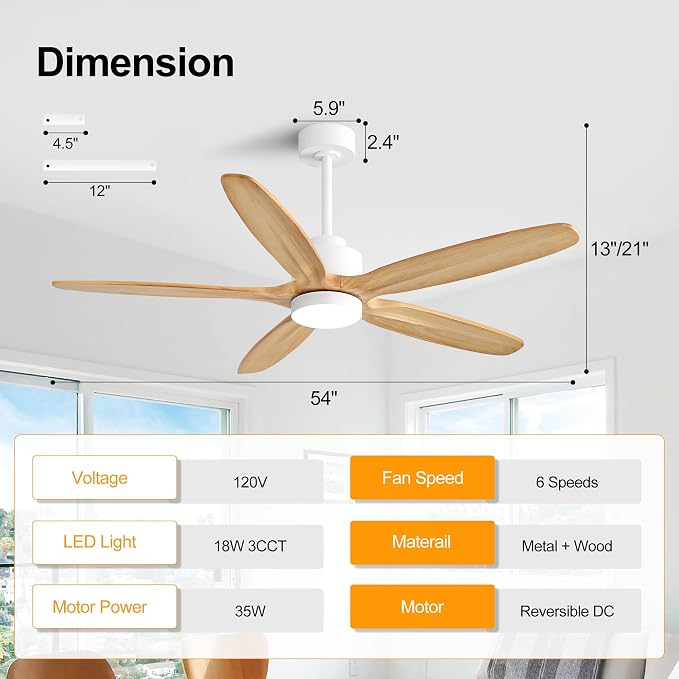 54" Ceiling Fan with Light - 5 Carved Solid Wood Blades, 6-Speed Reversible DC Motor, Dimmable, 3CCT, Noiseless Remote