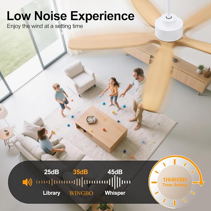 54" Ceiling Fan with Light - 5 Carved Solid Wood Blades, 6-Speed Reversible DC Motor, Dimmable, 3CCT, Noiseless Remote