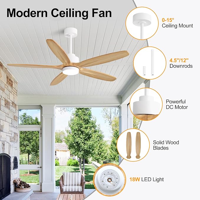 54" Ceiling Fan with Light - 5 Carved Solid Wood Blades, 6-Speed Reversible DC Motor, Dimmable, 3CCT, Noiseless Remote