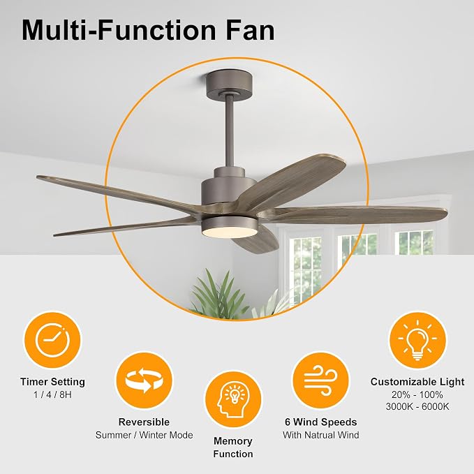 54" Ceiling Fan with Light - 5 Carved Solid Wood Blades, 6-Speed Reversible DC Motor, Dimmable, 3CCT, Noiseless Remote