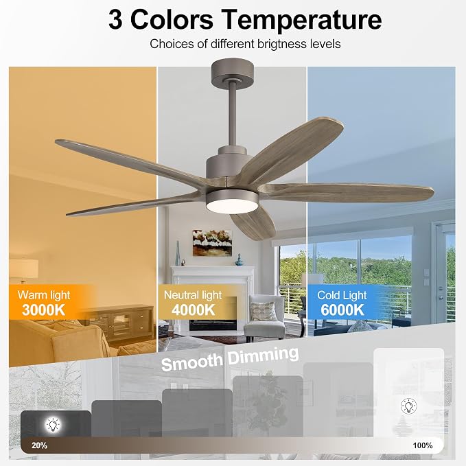 54" Ceiling Fan with Light - 5 Carved Solid Wood Blades, 6-Speed Reversible DC Motor, Dimmable, 3CCT, Noiseless Remote