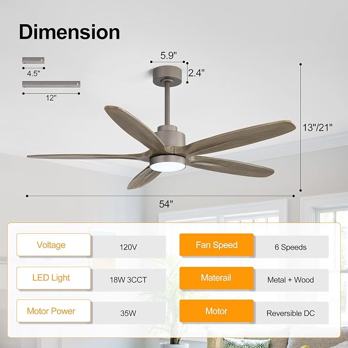 54" Ceiling Fan with Light - 5 Carved Solid Wood Blades, 6-Speed Reversible DC Motor, Dimmable, 3CCT, Noiseless Remote