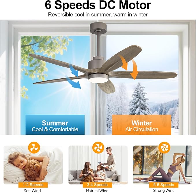 54" Ceiling Fan with Light - 5 Carved Solid Wood Blades, 6-Speed Reversible DC Motor, Dimmable, 3CCT, Noiseless Remote