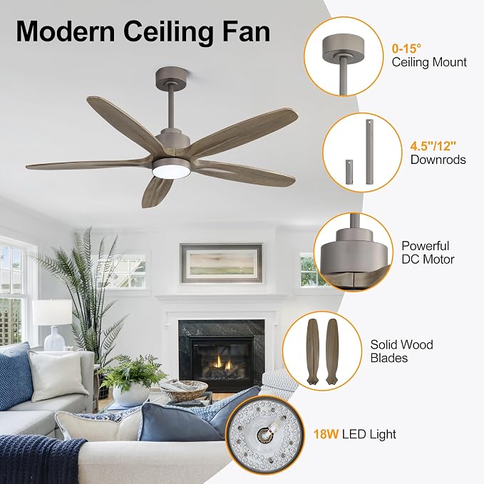 54" Ceiling Fan with Light - 5 Carved Solid Wood Blades, 6-Speed Reversible DC Motor, Dimmable, 3CCT, Noiseless Remote