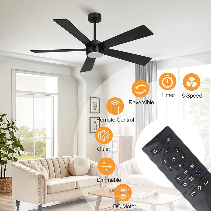 54" Ceiling Fan with Light and Remote Control, Modern Dimmable LED Light, 6-Speed Noiseless Reversible DC Motor, 5 Plywood
