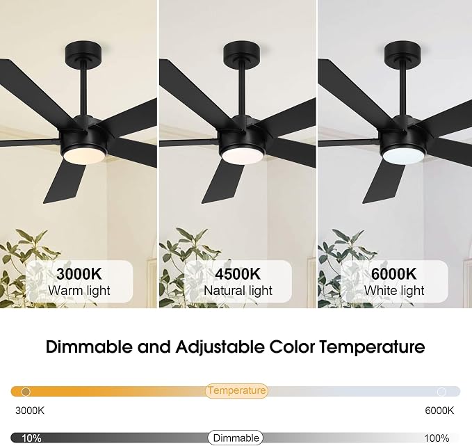 54" Ceiling Fan with Light and Remote Control, Modern Dimmable LED Light, 6-Speed Noiseless Reversible DC Motor, 5 Plywood