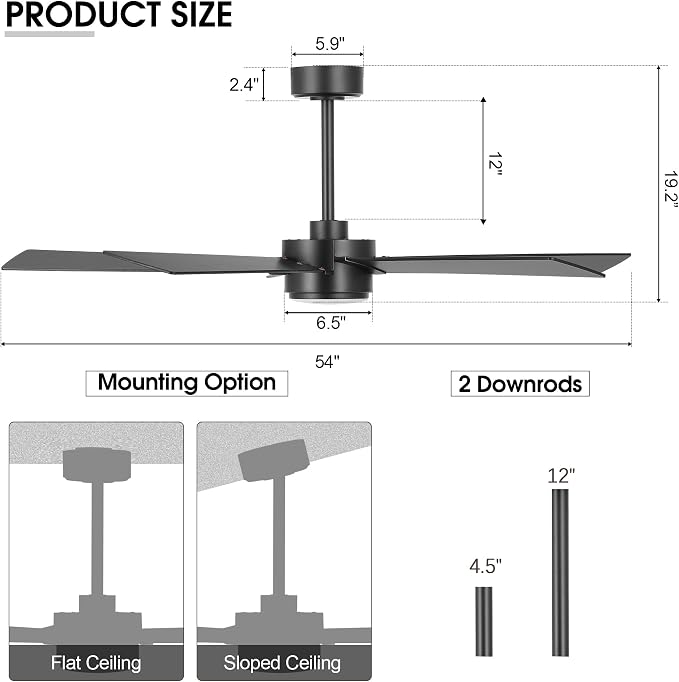 54" Ceiling Fan with Light and Remote Control, Modern Dimmable LED Light, 6-Speed Noiseless Reversible DC Motor, 5 Plywood