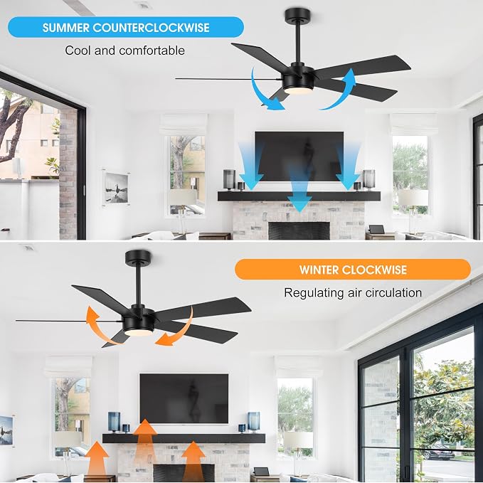 54" Ceiling Fan with Light and Remote Control, Modern Dimmable LED Light, 6-Speed Noiseless Reversible DC Motor, 5 Plywood