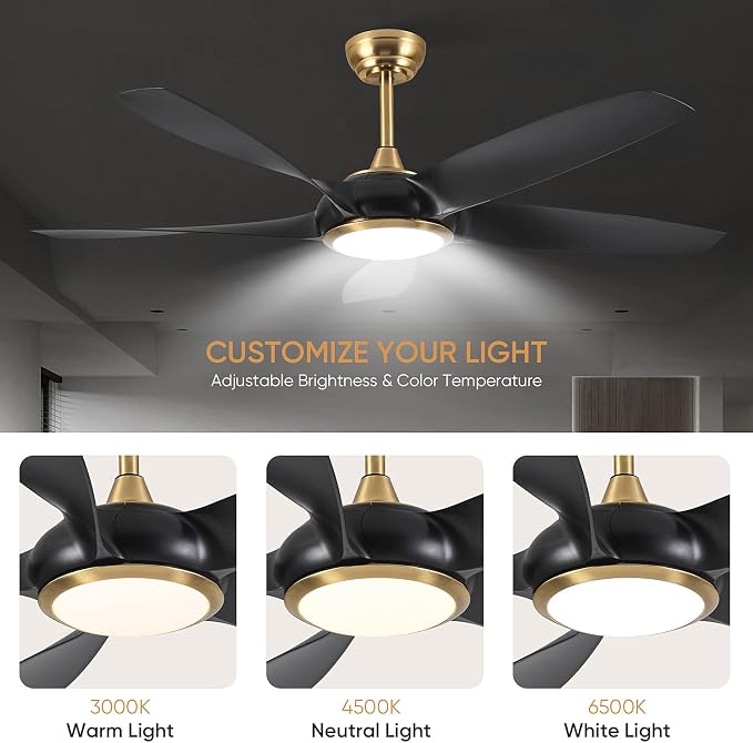54'' Ceiling Fans with Lights, Modern Ceiling Fan with Remote Control, Indoor Outdoor Ceiling Fan for Living Room, Bedroom, 5