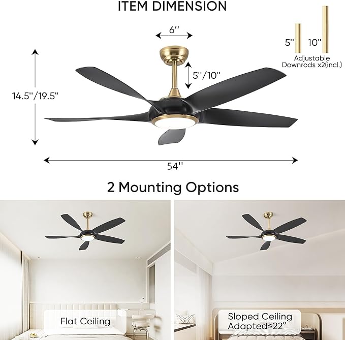 54'' Ceiling Fans with Lights, Modern Ceiling Fan with Remote Control, Indoor Outdoor Ceiling Fan for Living Room, Bedroom, 5
