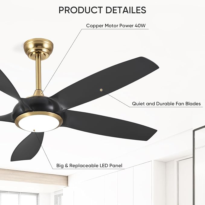 54'' Ceiling Fans with Lights, Modern Ceiling Fan with Remote Control, Indoor Outdoor Ceiling Fan for Living Room, Bedroom, 5