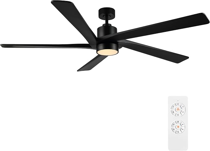 54" DC Ceiling Fan with Lights, 5 Carved Solid Wood Blades, 6-Speed Reversible DC Motor, Matte Black Finish Ceiling Fan with