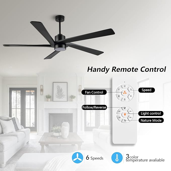54" DC Ceiling Fan with Lights, 5 Carved Solid Wood Blades, 6-Speed Reversible DC Motor, Matte Black Finish Ceiling Fan with