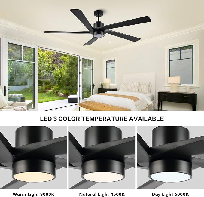 54" DC Ceiling Fan with Lights, 5 Carved Solid Wood Blades, 6-Speed Reversible DC Motor, Matte Black Finish Ceiling Fan with