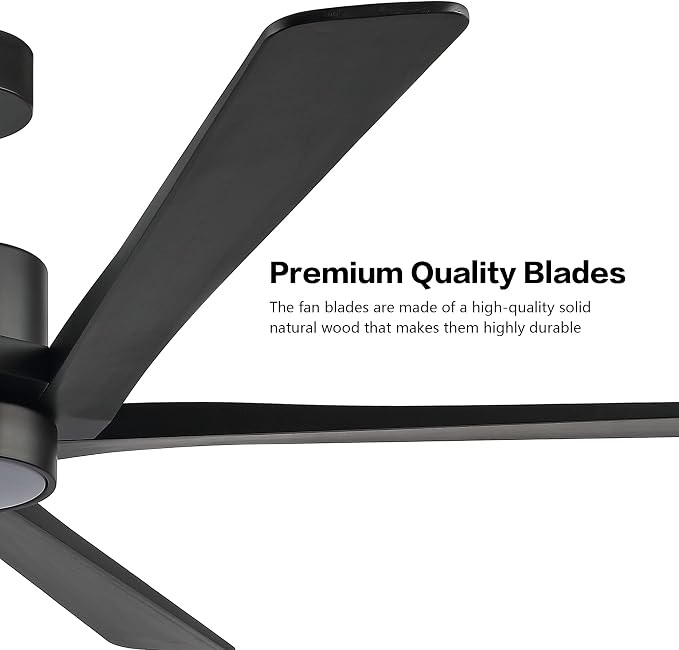 54" DC Ceiling Fan with Lights, 5 Carved Solid Wood Blades, 6-Speed Reversible DC Motor, Matte Black Finish Ceiling Fan with