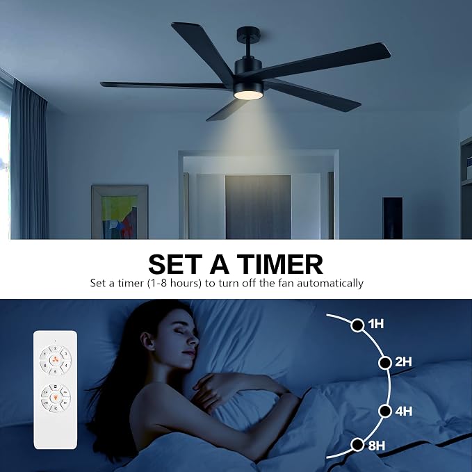 54" DC Ceiling Fan with Lights, 5 Carved Solid Wood Blades, 6-Speed Reversible DC Motor, Matte Black Finish Ceiling Fan with