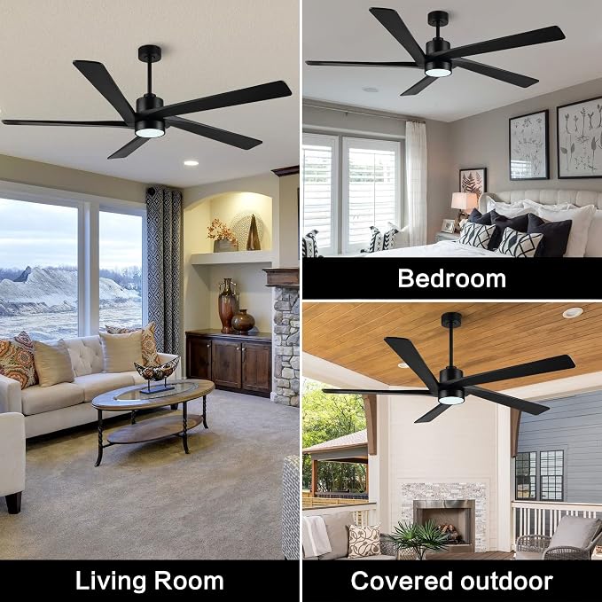 54" DC Ceiling Fan with Lights, 5 Carved Solid Wood Blades, 6-Speed Reversible DC Motor, Matte Black Finish Ceiling Fan with
