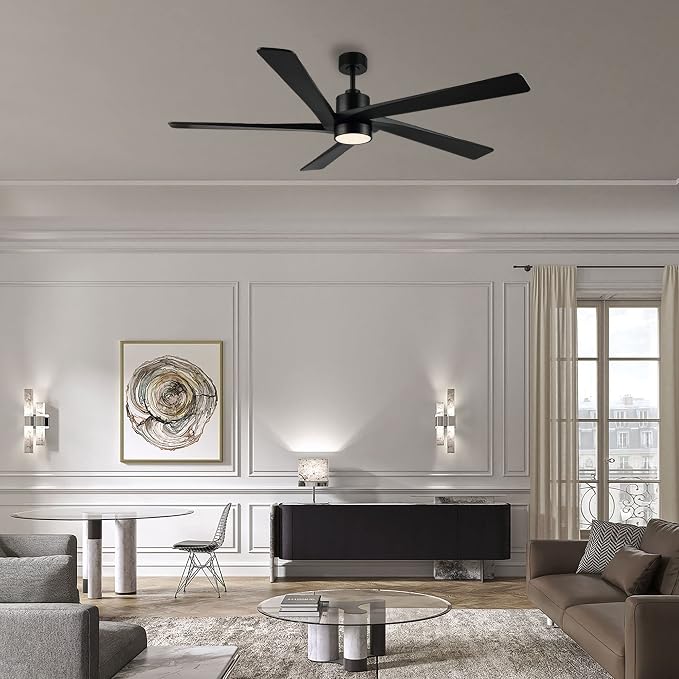 54" DC Ceiling Fan with Lights, 5 Carved Solid Wood Blades, 6-Speed Reversible DC Motor, Matte Black Finish Ceiling Fan with