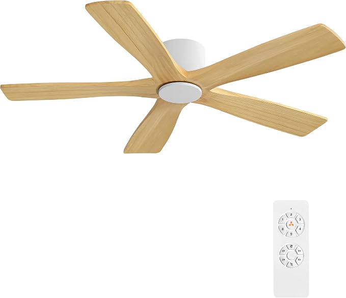 54" Flush Mount DC Ceiling Fans Without Lights, 5 Carved Solid Wood Blades, 6-Speed Reversible DC Motor, Low Profile Hugger