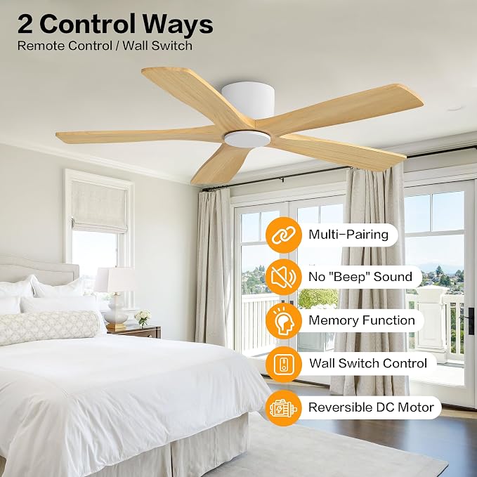 54" Flush Mount DC Ceiling Fans Without Lights, 5 Carved Solid Wood Blades, 6-Speed Reversible DC Motor, Low Profile Hugger