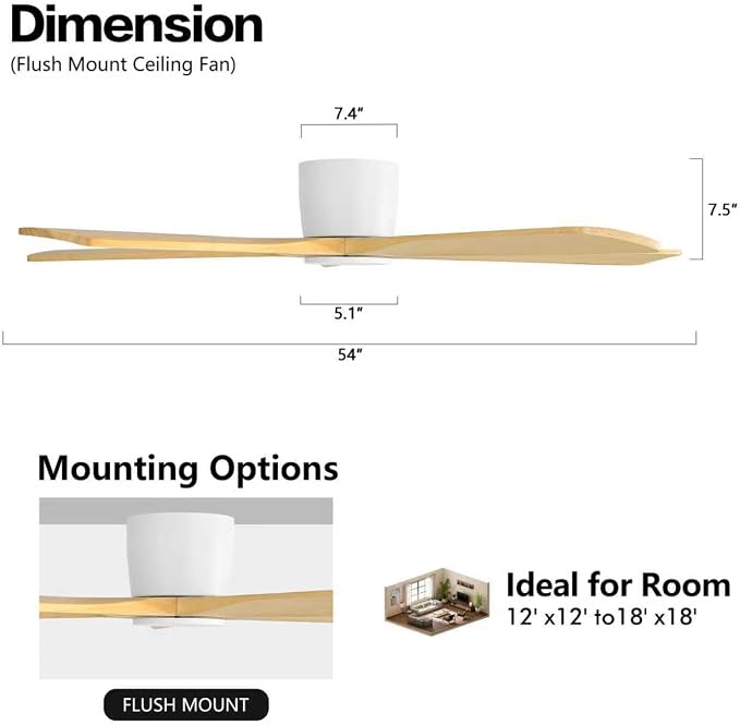 54" Flush Mount DC Ceiling Fans Without Lights, 5 Carved Solid Wood Blades, 6-Speed Reversible DC Motor, Low Profile Hugger