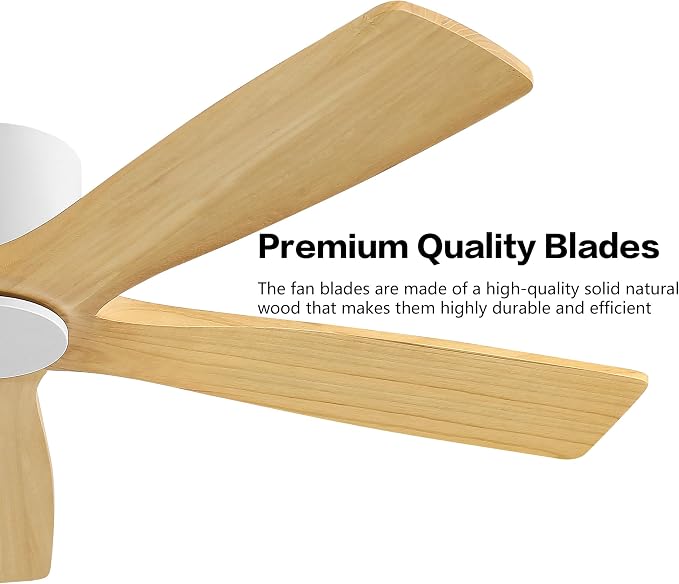 54" Flush Mount DC Ceiling Fans Without Lights, 5 Carved Solid Wood Blades, 6-Speed Reversible DC Motor, Low Profile Hugger