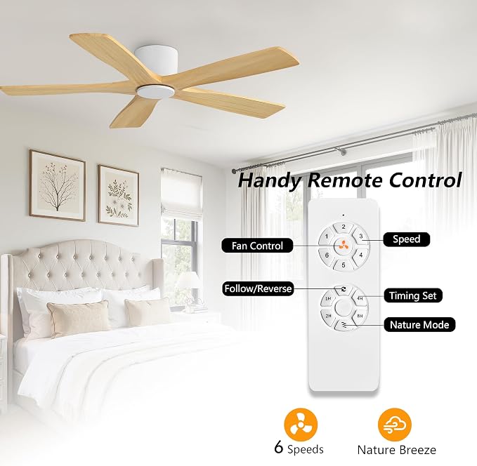 54" Flush Mount DC Ceiling Fans Without Lights, 5 Carved Solid Wood Blades, 6-Speed Reversible DC Motor, Low Profile Hugger