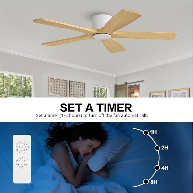 54" Flush Mount DC Ceiling Fans Without Lights, 5 Carved Solid Wood Blades, 6-Speed Reversible DC Motor, Low Profile Hugger