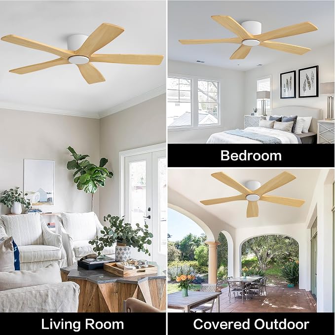 54" Flush Mount DC Ceiling Fans Without Lights, 5 Carved Solid Wood Blades, 6-Speed Reversible DC Motor, Low Profile Hugger