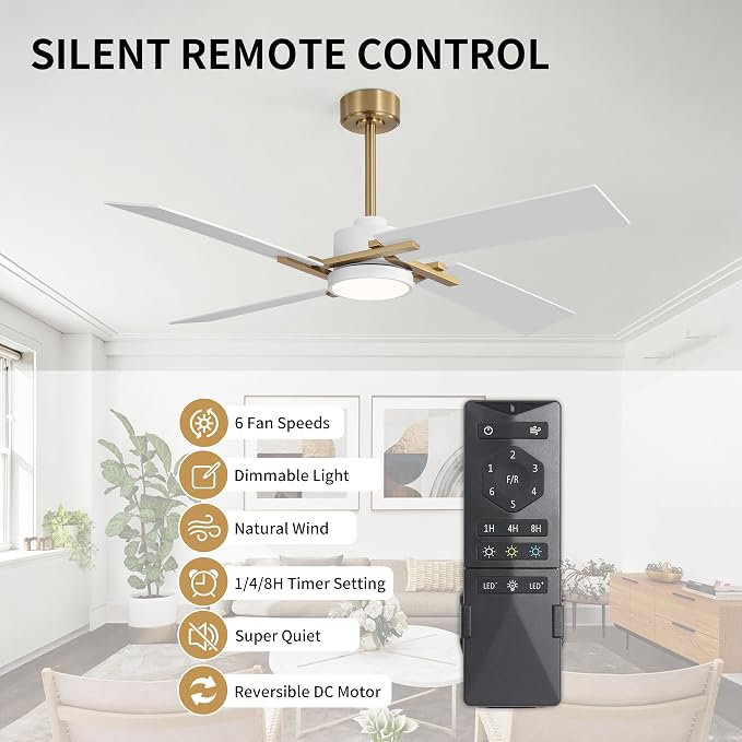 54 Inch Ceiling Fan with Light and Remote, 4 Plywood Blades, 6-Speed Reversible DC Motor, Dimmable, 3CCT, Farmhouse Ceiling