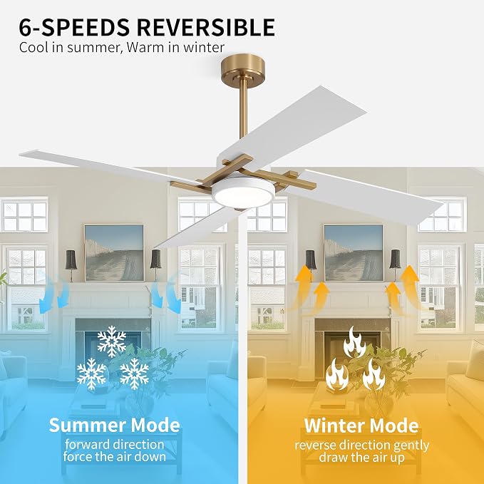 54 Inch Ceiling Fan with Light and Remote, 4 Plywood Blades, 6-Speed Reversible DC Motor, Dimmable, 3CCT, Farmhouse Ceiling