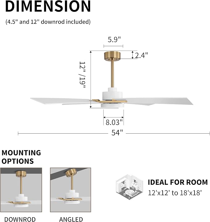 54 Inch Ceiling Fan with Light and Remote, 4 Plywood Blades, 6-Speed Reversible DC Motor, Dimmable, 3CCT, Farmhouse Ceiling