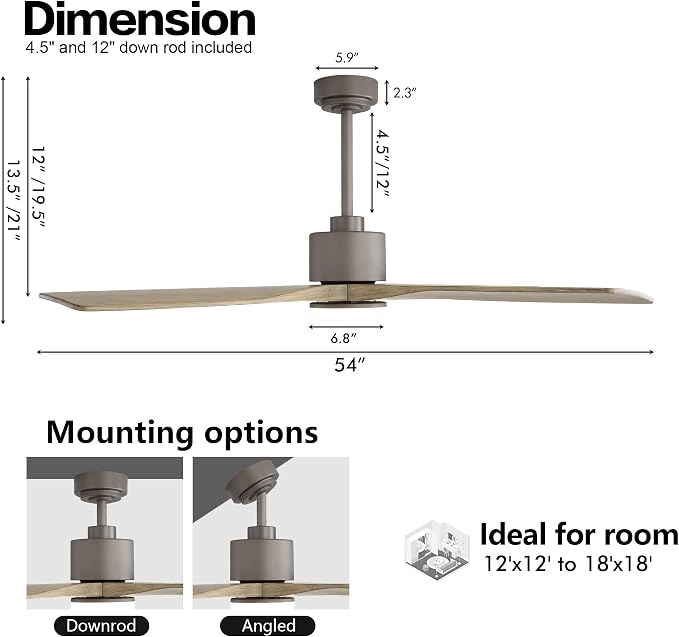 54 Inch DC Ceiling Fan with Lights and Remote Control, 4 Carved Solid Wood Blades, 6-Speed Noiseless Reversible DC Motor