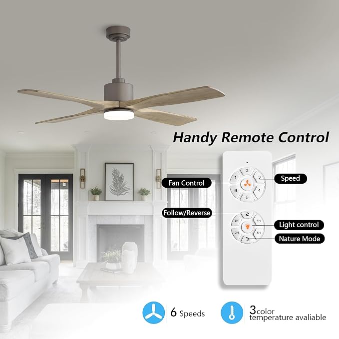 54 Inch DC Ceiling Fan with Lights and Remote Control, 4 Carved Solid Wood Blades, 6-Speed Noiseless Reversible DC Motor