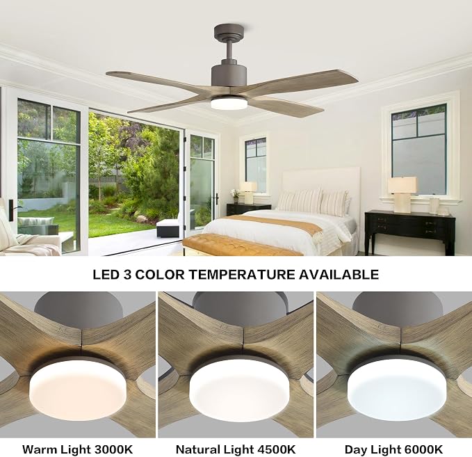 54 Inch DC Ceiling Fan with Lights and Remote Control, 4 Carved Solid Wood Blades, 6-Speed Noiseless Reversible DC Motor