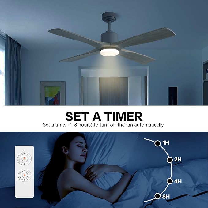 54 Inch DC Ceiling Fan with Lights and Remote Control, 4 Carved Solid Wood Blades, 6-Speed Noiseless Reversible DC Motor
