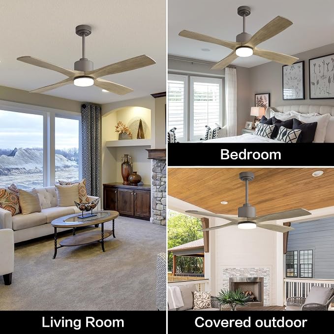 54 Inch DC Ceiling Fan with Lights and Remote Control, 4 Carved Solid Wood Blades, 6-Speed Noiseless Reversible DC Motor