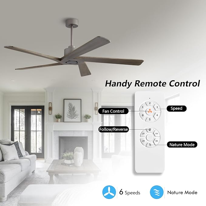 54 Inch DC Ceiling Fan without Lights, 5 Reversible Carved Solid Wood Blades, 6-Speed Noiseless DC Motor, Ceiling Fan No